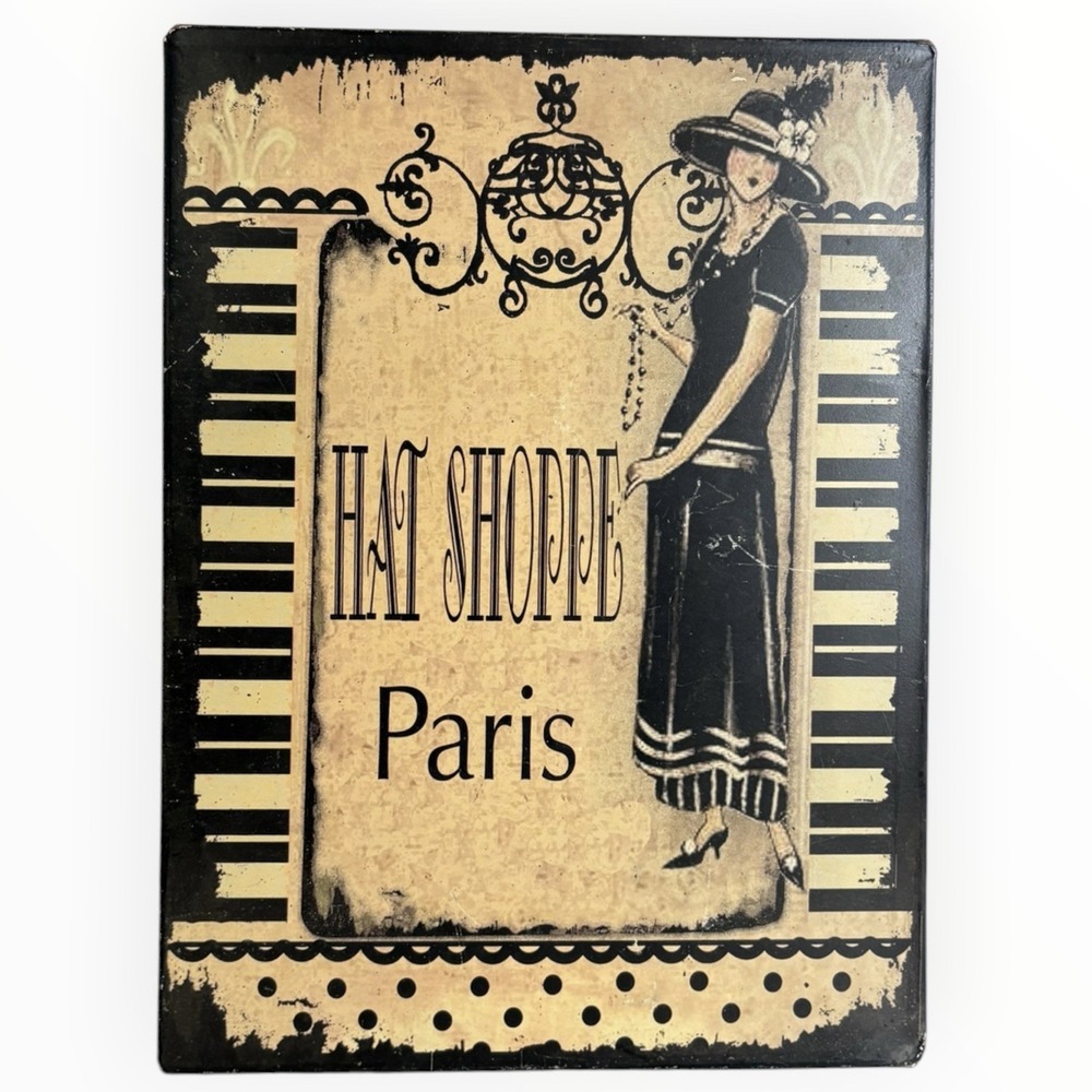 Vtg Style "Hat Shoppe Paris" Metal Wall Sign Lady Piano Shabby Chic 9.5" x 12.5"